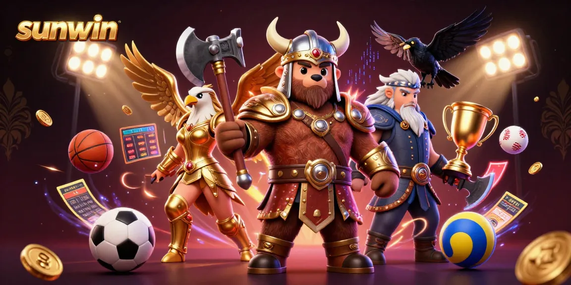 Bet on sunwin with dynamic Viking and Valkyrie characters amidst vibrant gaming elements.