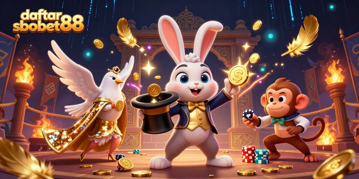 Engage in daftar sbobet88 with a vibrant 3D scene featuring a magician and a monkey in a dynamic casino illustration.