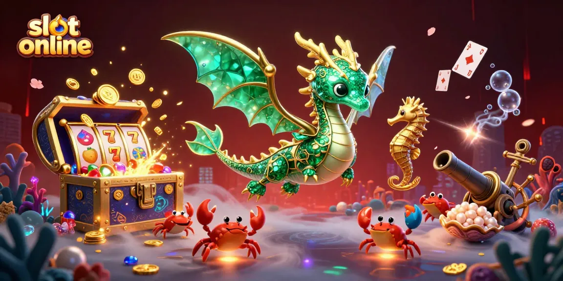 Spin slot online reels amidst a treasure filled ocean scene with colorful sea creatures.