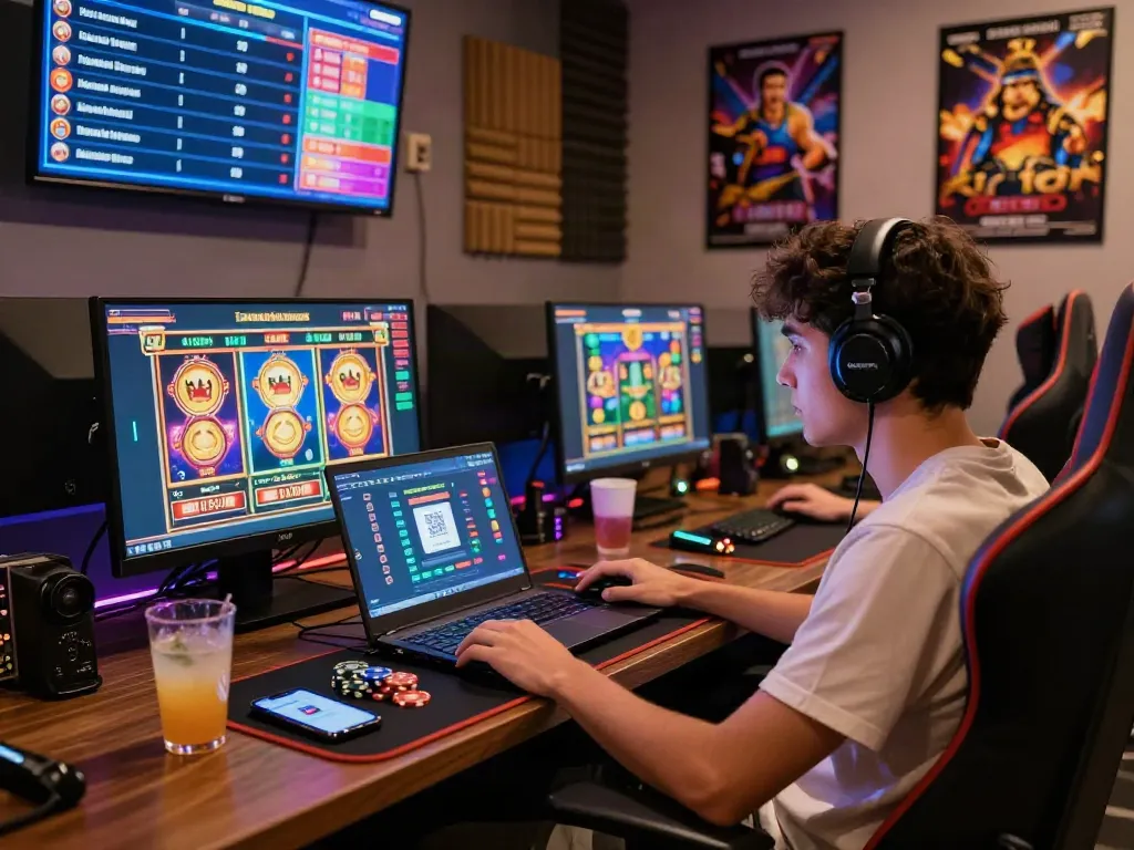 Player enjoying slot online games with vibrant graphics and QRIS transaction setup in a cozy gaming room.