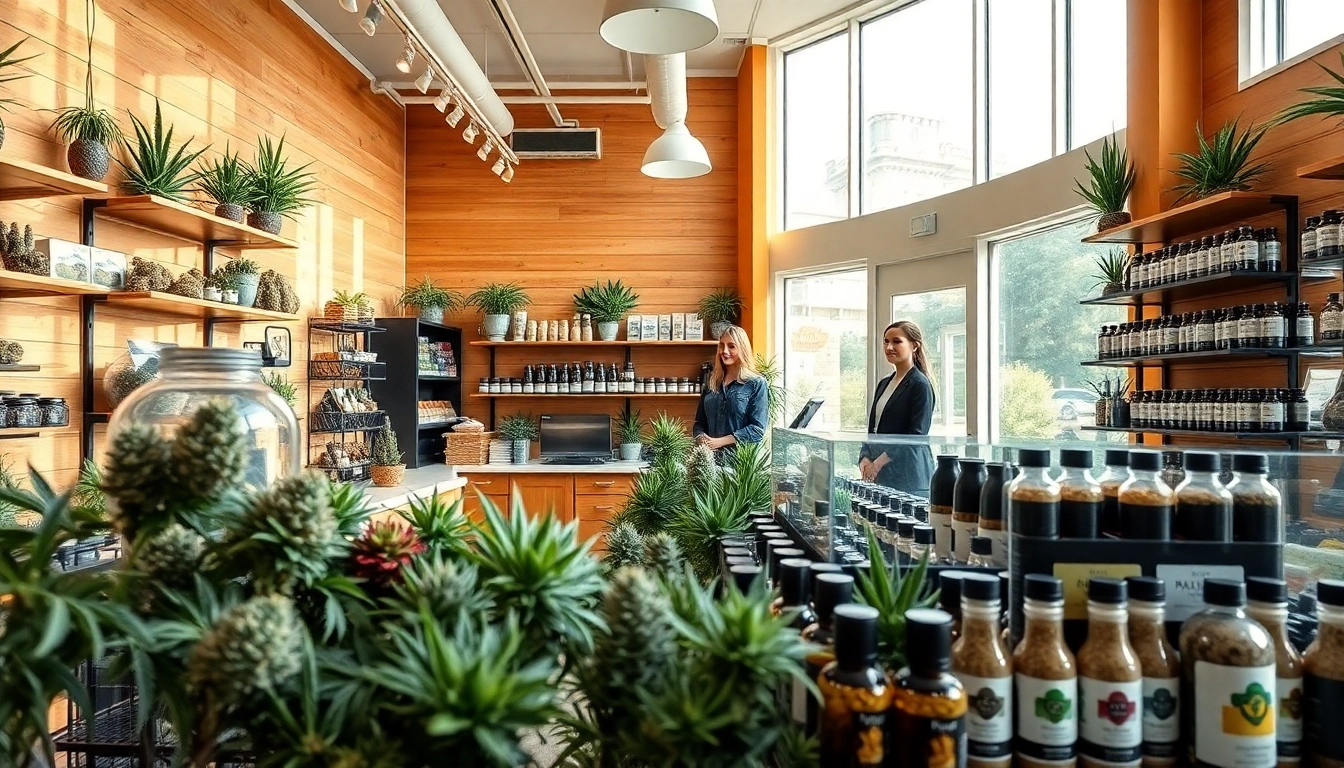 Explore the welcoming atmosphere of a lively weed store with a diverse product selection.