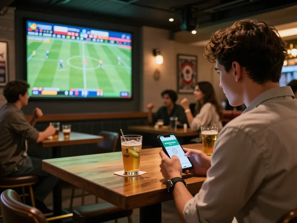 Taking strategic action with tỷ lệ kèo nhà cái hôm nay on a mobile app during a lively sports bar experience.