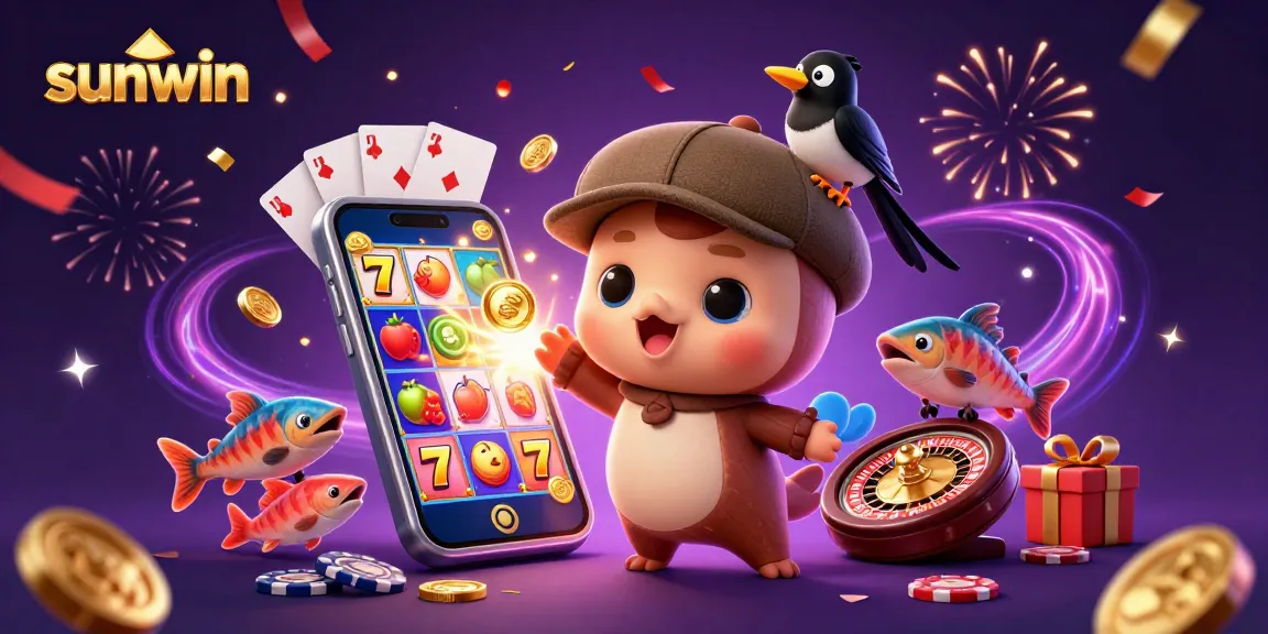 Spin to win at sunwin with playful cartoon Nessie and a vibrant casino scene!