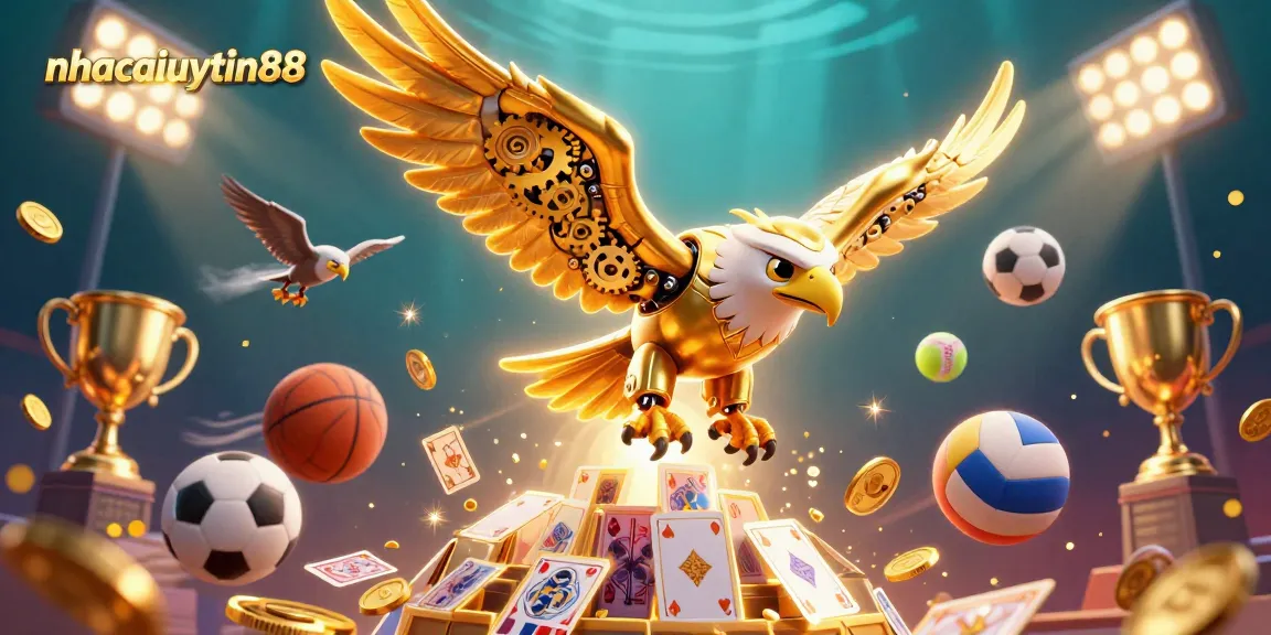nhacaiuytin88 showcases a dynamic 3D casino scene with a cybernetic eagle and sports balls