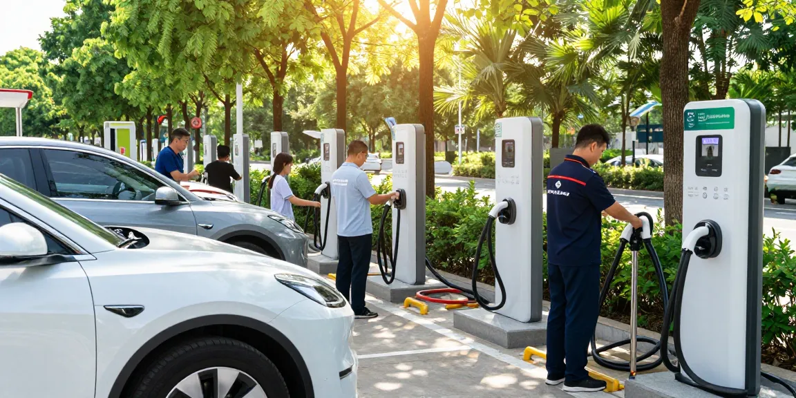 Portable EV charger factory showcased with electric vehicles using advanced charging systems, demonstrating innovation in sustainable transport.