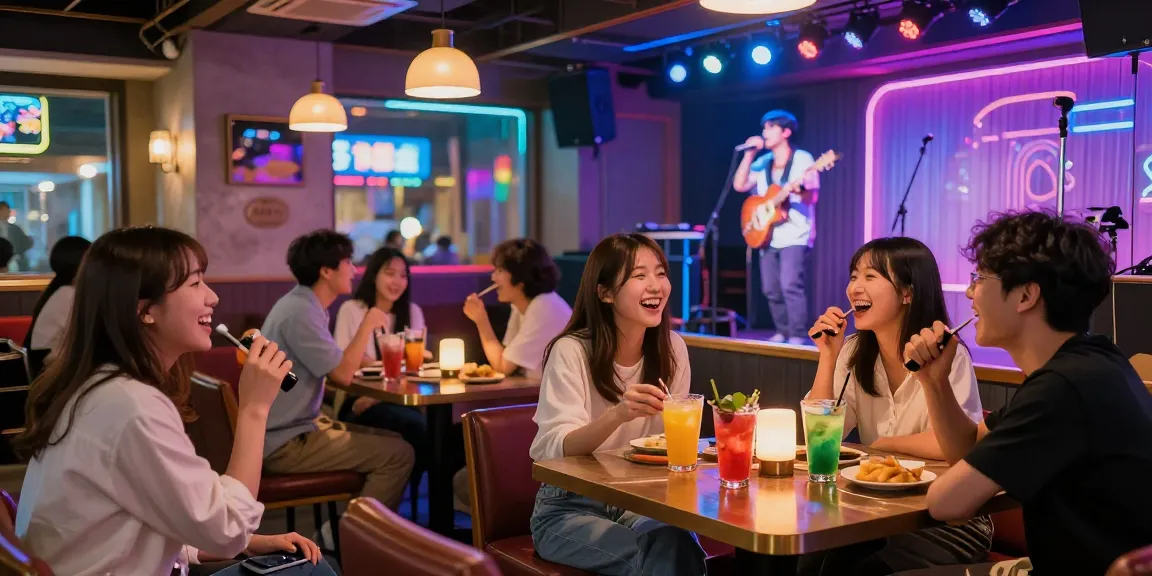 Vibrant 제주유흥 scene with friends enjoying karaoke and colorful drinks at a lively bar.