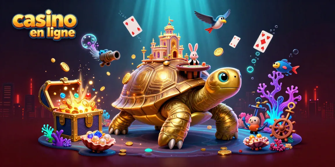 Jouez avec le casino en ligne sur une tortue dorée, entourée de jeux et de richesses.