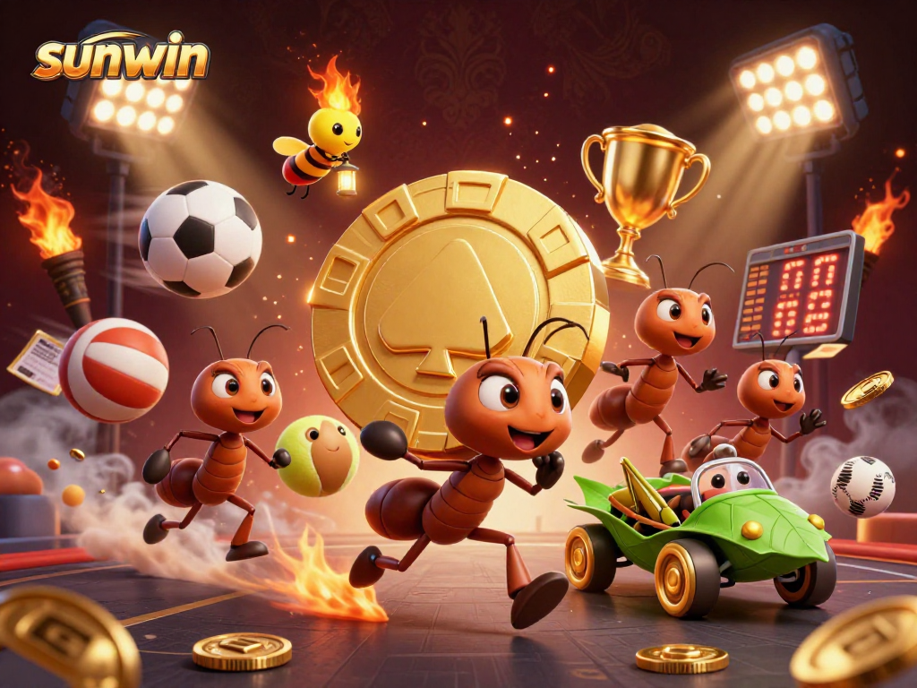 Engage in winning strategies at sunwin with a fun illustration of ants and sports betting elements.
