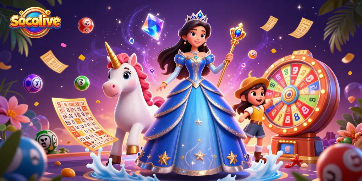 Socolive offers vibrant gambling experiences with a stunning royal blue gown, unicorn, and exciting lottery elements.