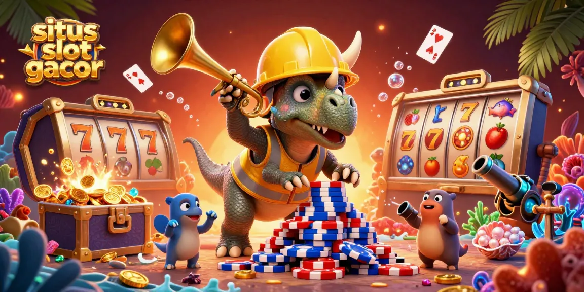 Situs slot gacor showcases a celebratory scene with cartoon dinosaurs building poker chips among vibrant casino elements.