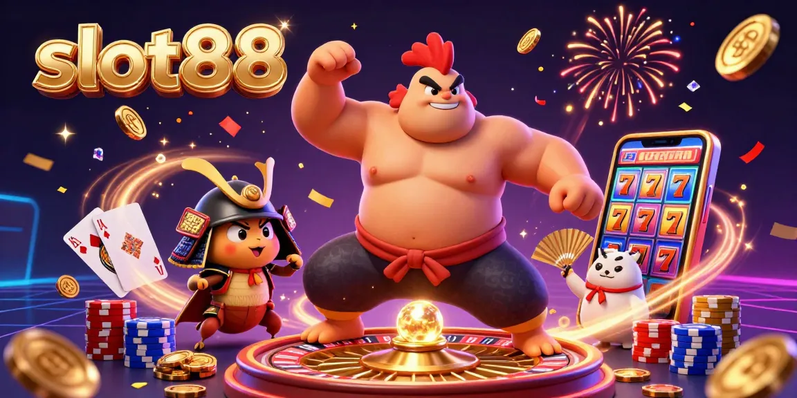 Engage with slot88 as a sumo wrestler rooster triumphs amid dynamic casino elements.