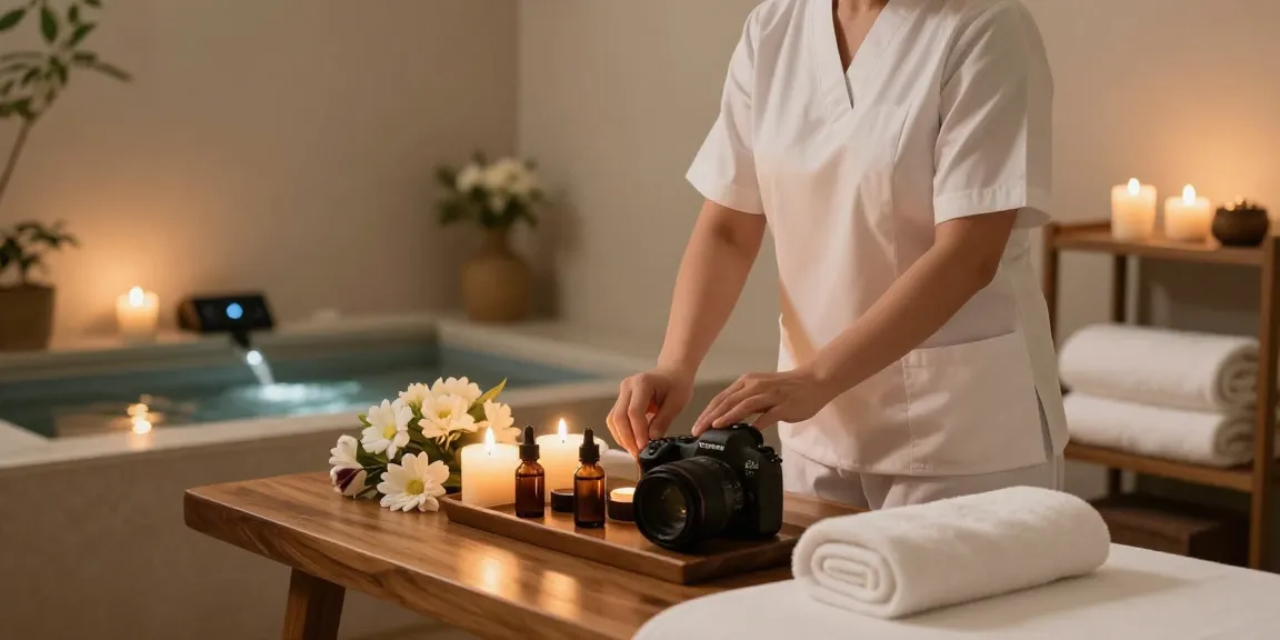 Massage therapy room with calming ambiance, oils, candles, and soft lighting for relaxation.