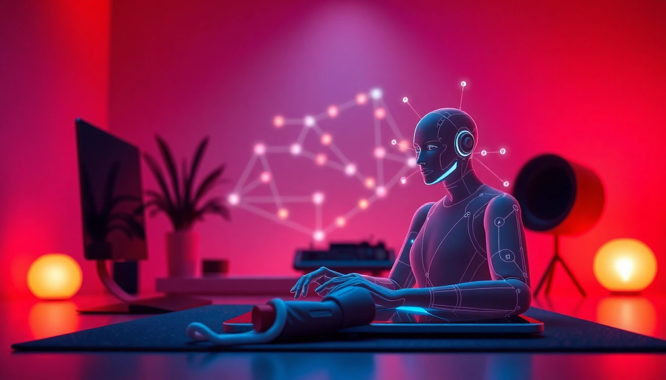Engaging scene of ai porn chat on a digital device, featuring an AI character in a warm, ambient setting.