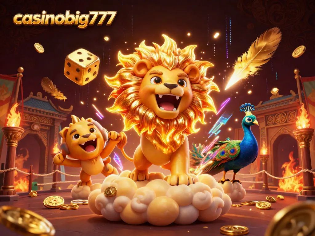 Experience the thrilling world of casinobig777 with vibrant visuals of a roaring lion, golden dice, and dynamic game elements.