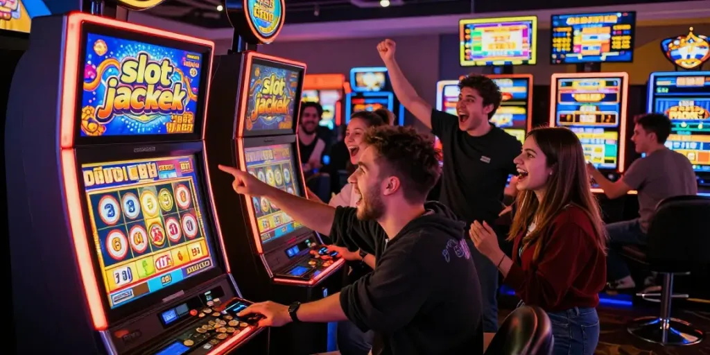 Exciting slot jackpot moment with friends celebrating a win at a lively casino.