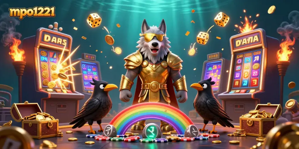 Experience thrilling gameplay with mpo1221 in a vibrant casino scene filled with slot machines and gold coins.