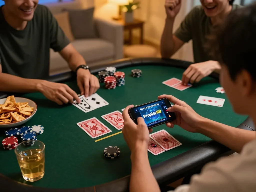 Engaging home gaming scene using Link Alternatif for online gambling, showcasing excitement and fun.