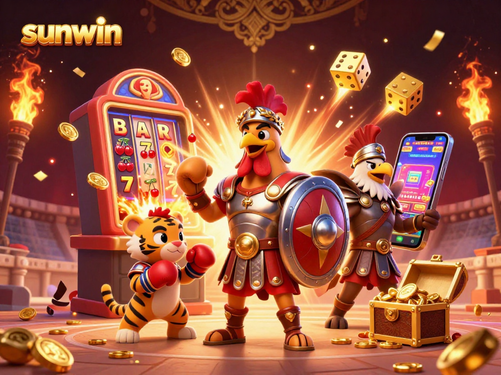 Experience the thrill of sunwin gaming with a vibrant 3D casino scene featuring captivating characters and casino elements.