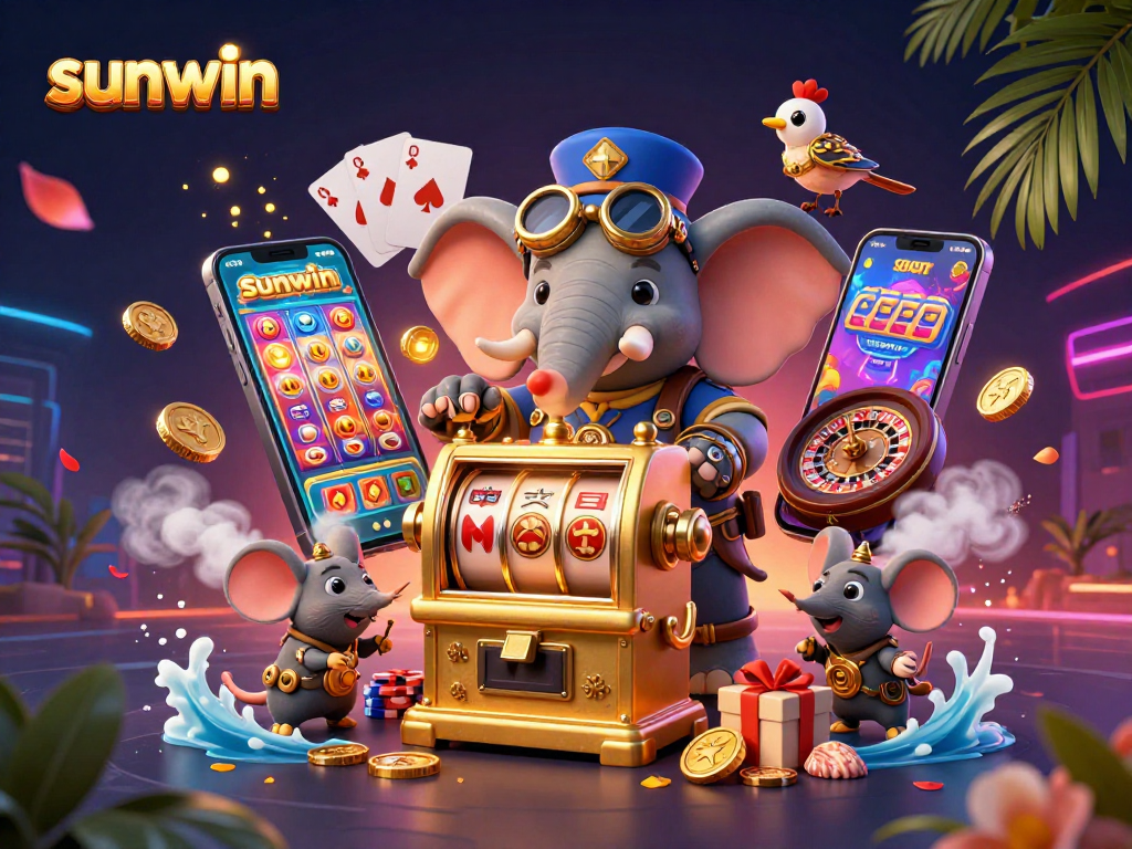 Experience the excitement of sunwin slots with a rich 3D illustration featuring an elephant engineer and slot machines.