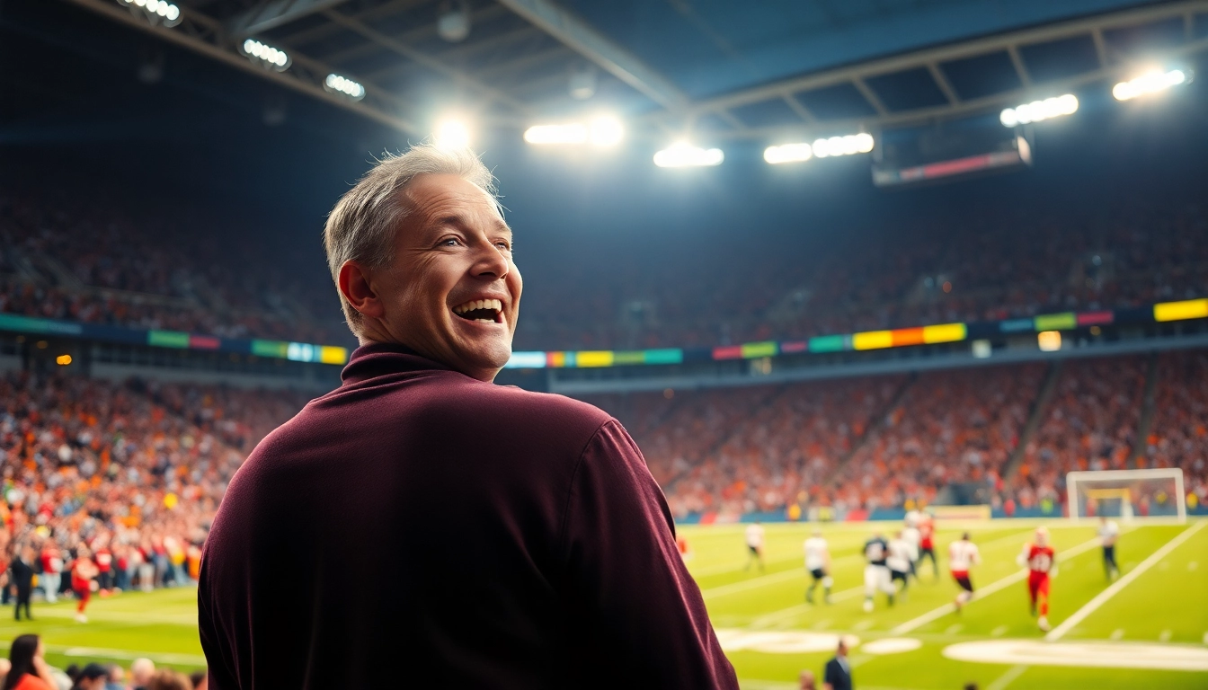 Capture of sports broadcasting with an enthusiastic commentator and stadium excitement.