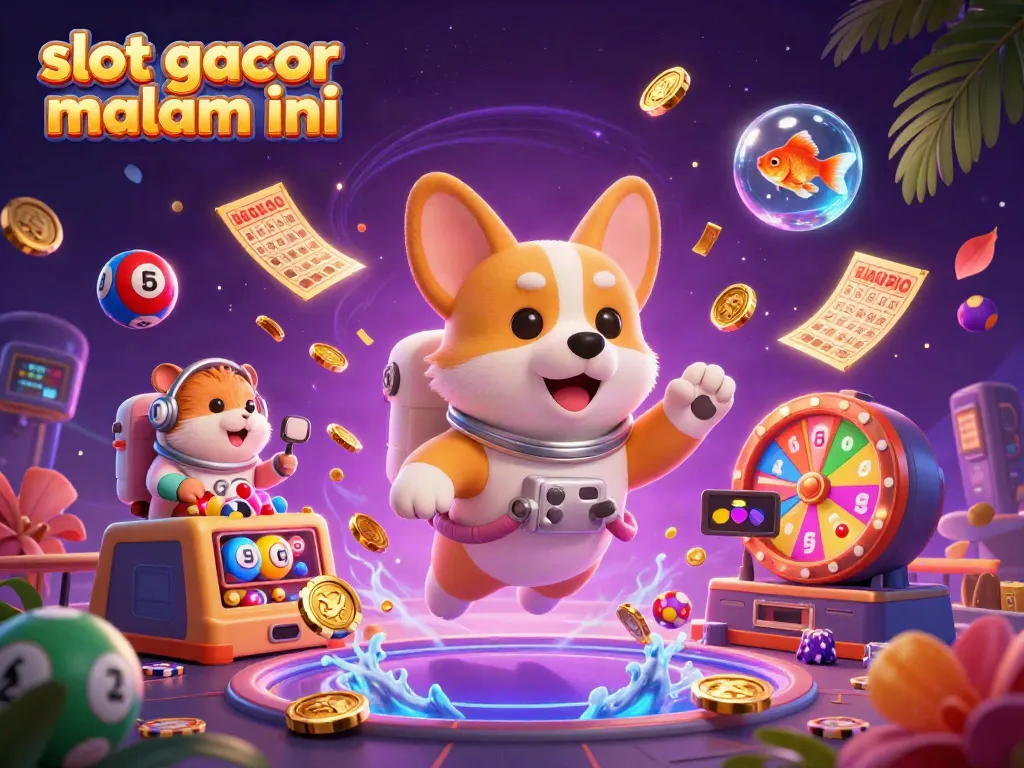 Visualisasi ceria slot gacor malam ini dengan astronaut anjing dan jackpot mengambang.