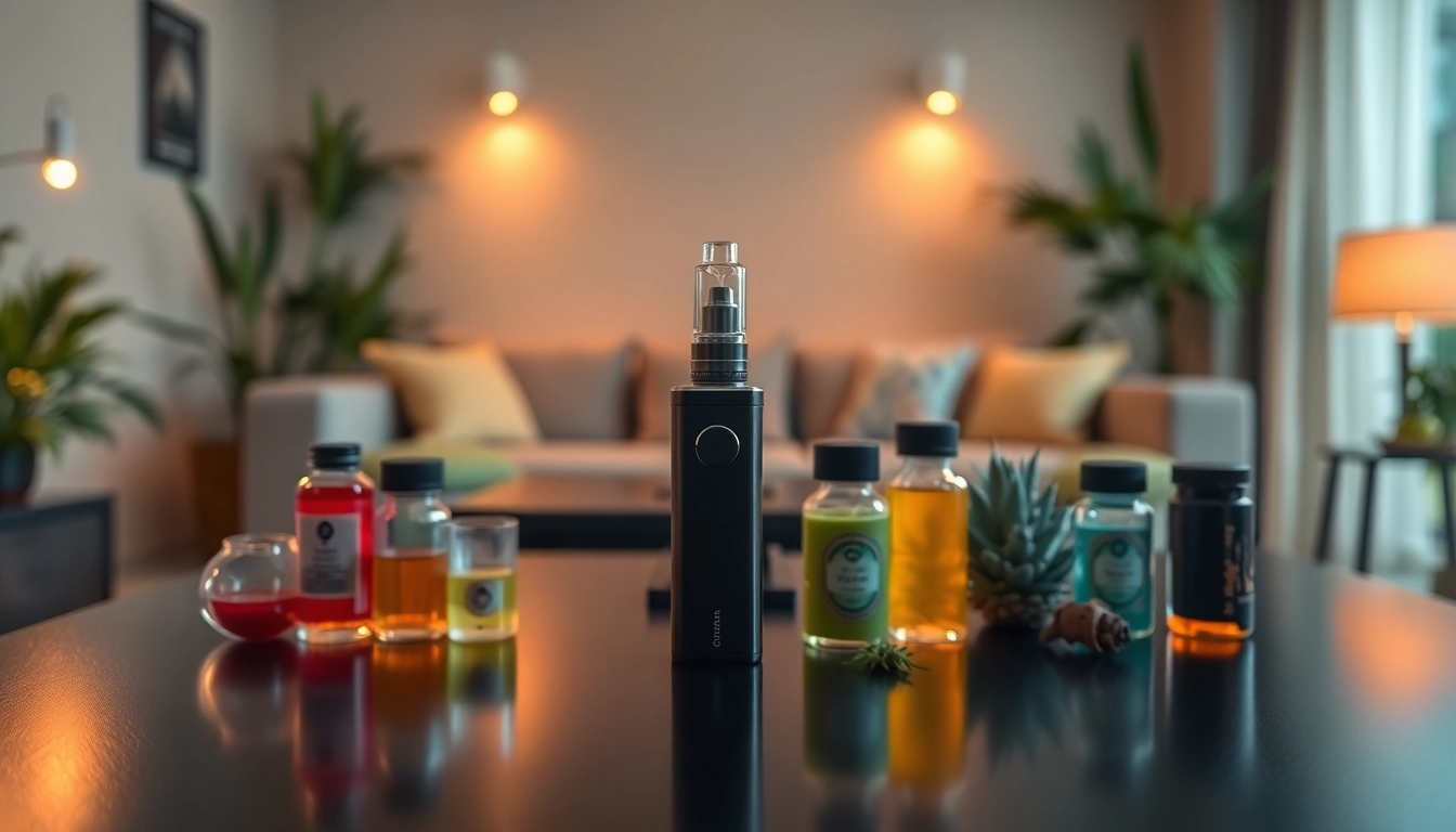 Engaging cannabis vape pen amidst colorful vape juices on a modern table, illustrating the vaping experience.