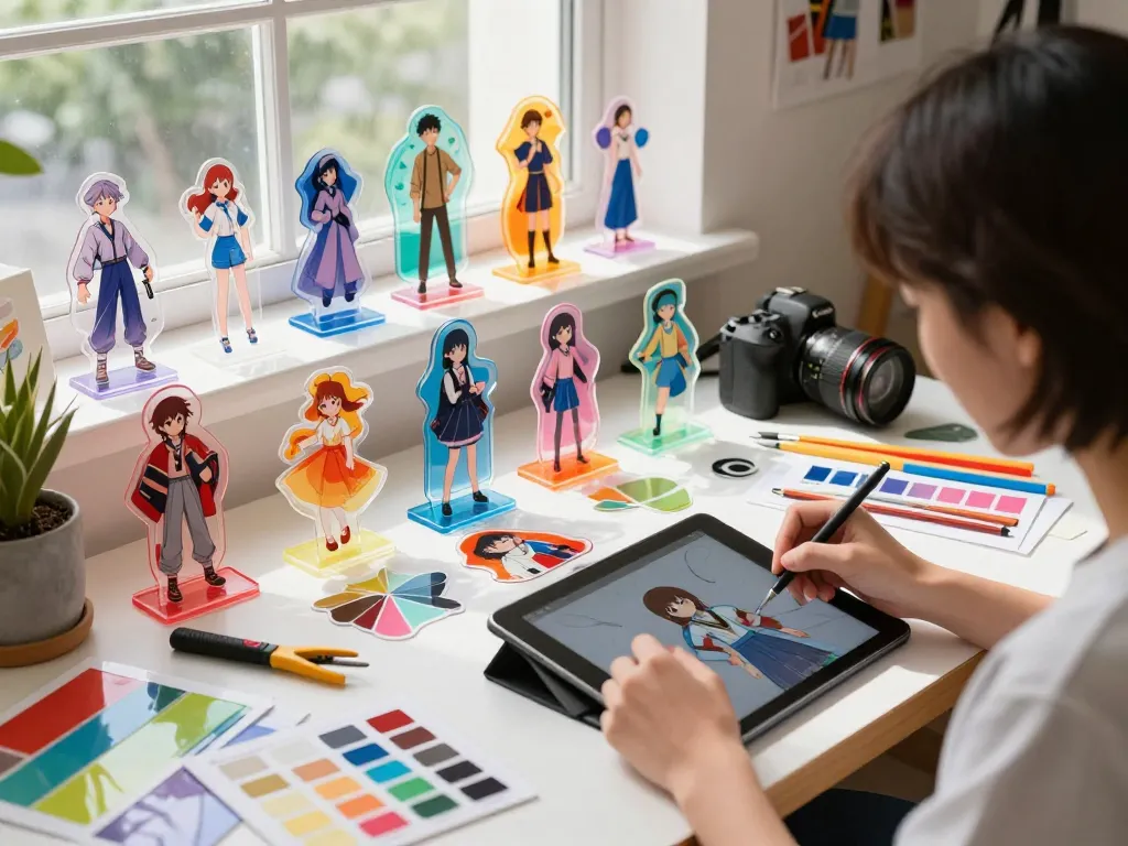 Designer customizing acrylic standees in a vibrant creative workspace, showcasing colorful art and materials.