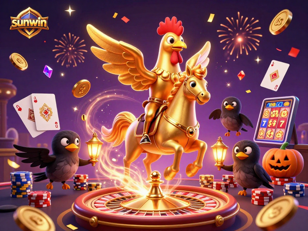 Experience the thrill of sunwin with a vibrant casino scene featuring golden rooster and festive elements.