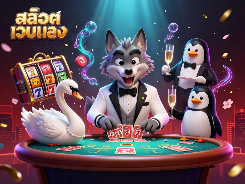 Engage in exciting slot gameplay with สล็อตเว็บตรง featuring a debonair wolf and elegant characters.