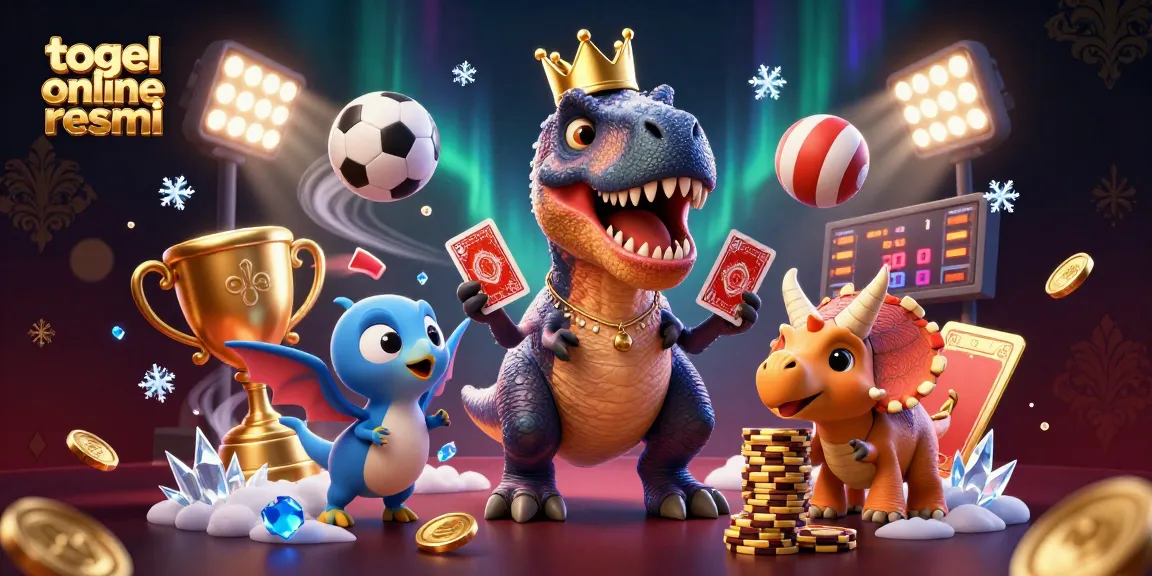 Tampilkan togel online resmi dengan kartun T-Rex dan teman dinosaurus bermain kartu di kasino digital