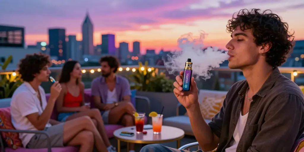 Al Fakher Vape in der Hand eines Freundes, der bei Sonnenuntergang an einer Party auf einer Dachterrasse Dampf ausstößt.