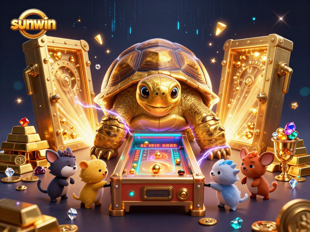 Sunwin attracts bettors with a lively golden tortoise pinball machine surrounded by treasures.
