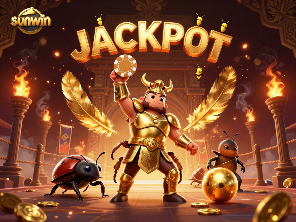 Experience the thrill at sunwin with a victorious beetle amidst a jackpot celebration in a dynamic casino arena.