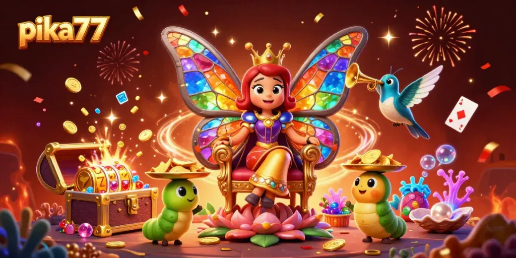 Pika77 immerses players in a vibrant casino world with colorful characters and dynamic gaming elements.
