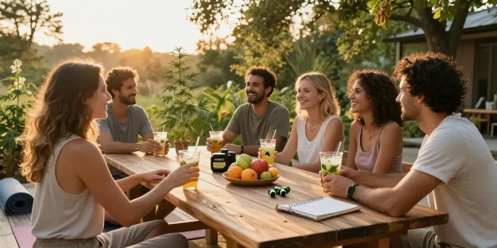 Muha Meds cartridges on a rustic table with friends enjoying natural wellness drinks and CBD-infused snacks outdoors.