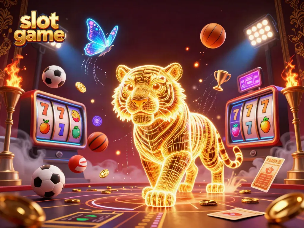 Permainan slot game ditampilkan dalam ilustrasi 3D yang penuh warna dengan simbol keberuntungan dan jackpot.