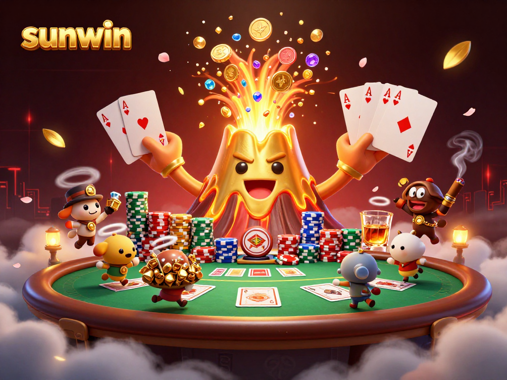Experience epic wins at sunwin with a golden volcano showering treasures at the poker table.