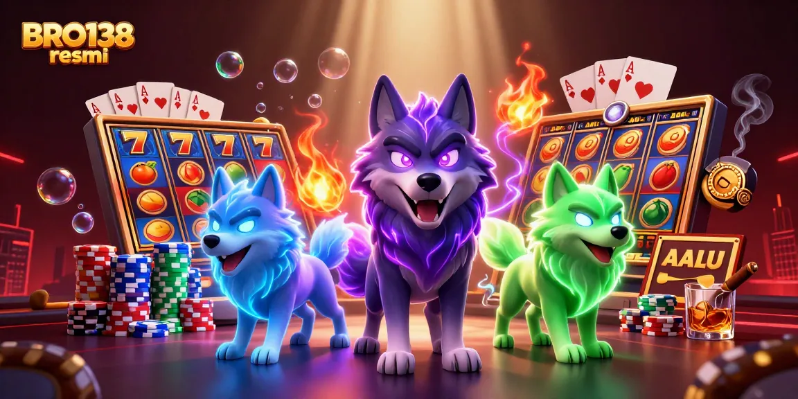 Win big with BRO138 resmi at a vibrant slots scene featuring a ghostly wolf leader.