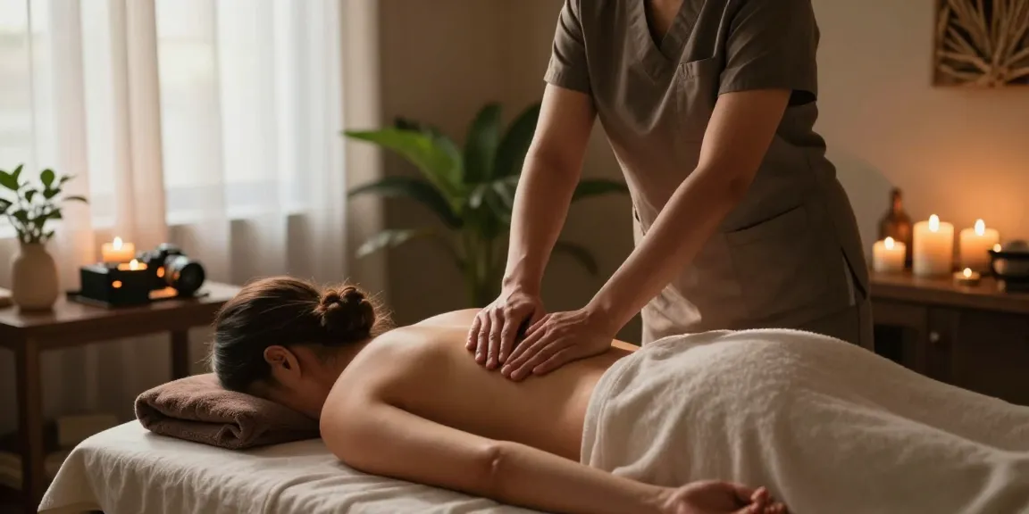 Relaxing Swedish massage scene in a tranquil spa setting with ambient lighting and soothing elements.