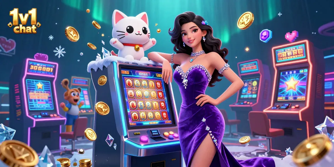 Engage with 1v1 chat in a vibrant 3D casino scene featuring jackpots and charming characters.