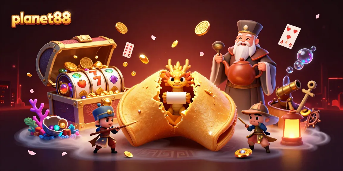Engage in thrilling gameplay at planet88, featuring vibrant casino elements and dynamic fortune cookie characters.