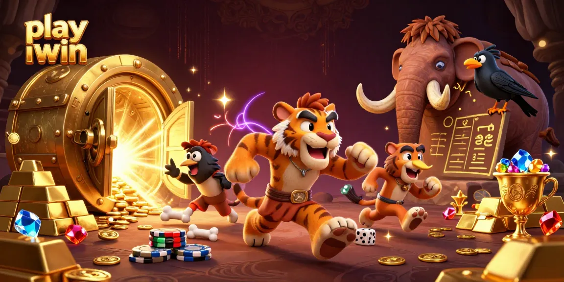 Play iwin in a vibrant prehistoric casino with cavemen and treasures, featuring exciting gaming elements.