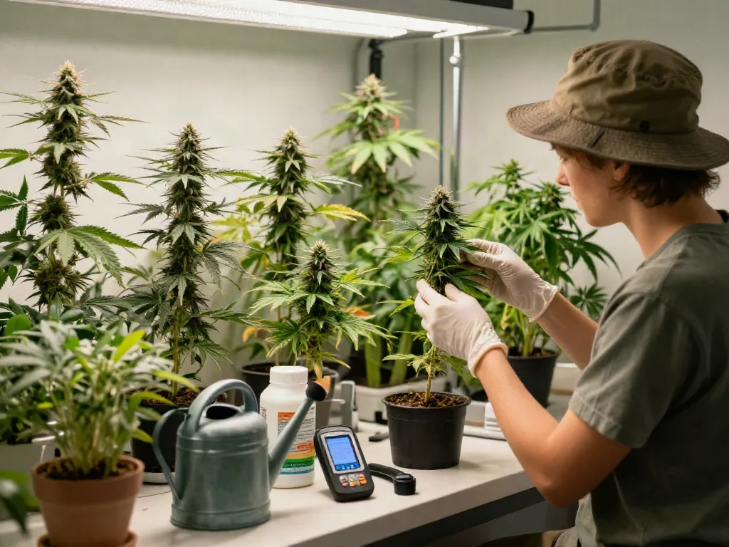 Gardener inspecting triploid cannabis plants in a well-lit indoor garden.
