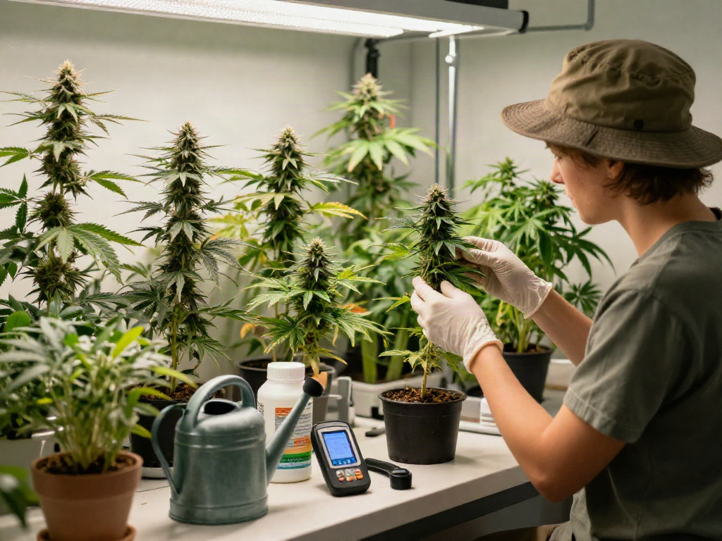 Gardener inspecting triploid cannabis plants in a well-lit indoor garden.