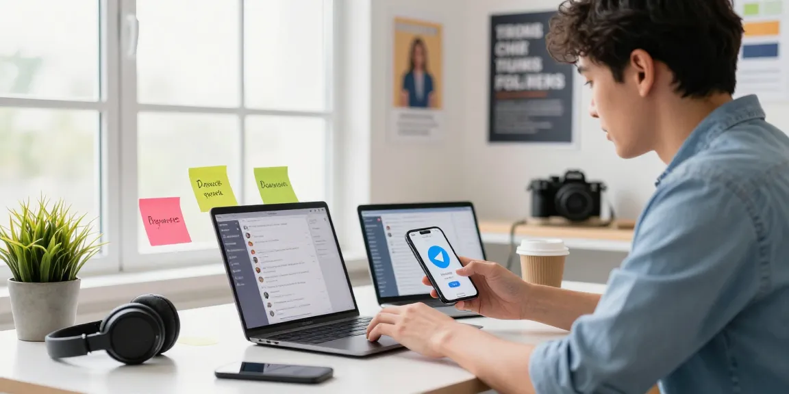 Engaging workspace showing a young professional downloading telegram中文版下载 on a smartphone with tech gadgets.