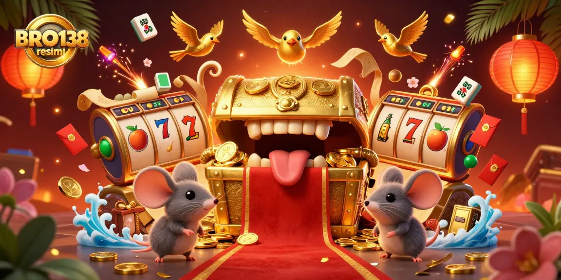 Engage with BRO138 resmi through a vibrant casino scene filled with treasures and gaming elements.