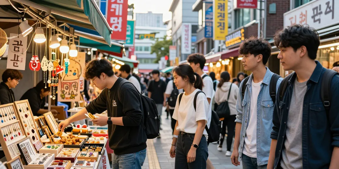 Diverse friends exploring vibrant street market in Seoul, engaging with stalls and local crafts at https://forumup.org/shop/search.php?ca_id=&addr1=&addr2=&addr3=&schKeyword=.
