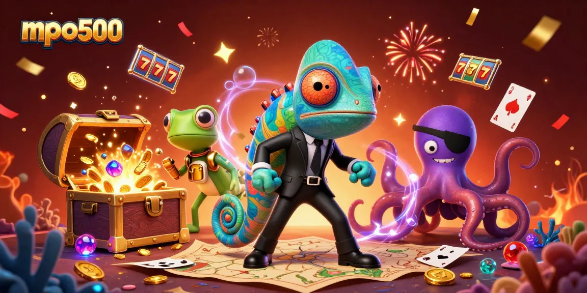 MPO500 showcases an adventurous scene with a chameleon, gecko, and octopus celebrating casino wins amidst colorful treasures.
