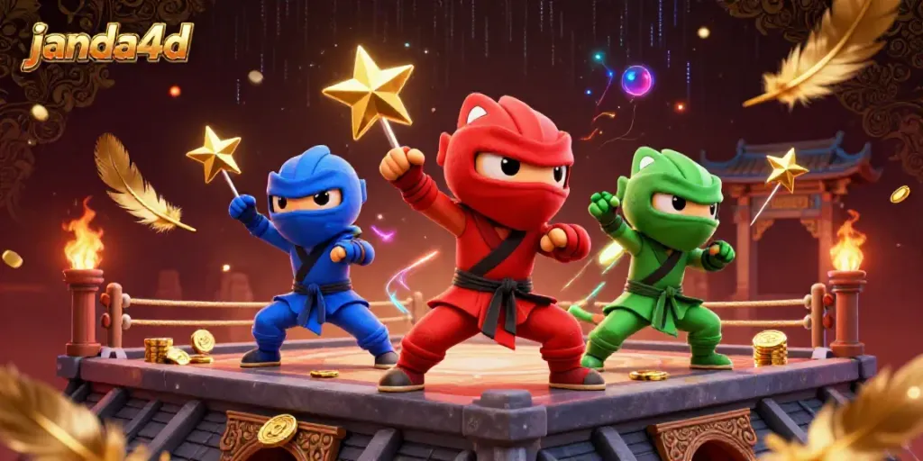 Tim ninja chameleon janda4d melakukan gerakan seni bela diri di atas atap dengan efek emas dan asap.