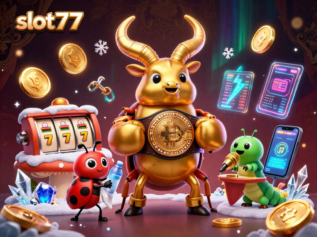 Spin the reels at slot777 with vibrant characters and crypto elements in an engaging 3D casino scene.